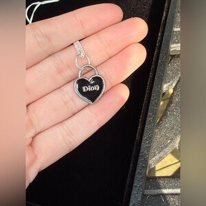 Dior Black Enamel Heart Padlock Necklace with Silver Chain